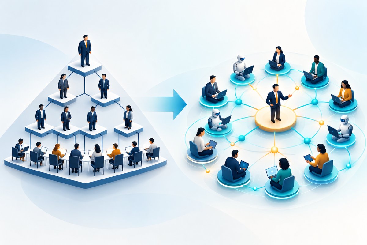 Illustration: a hierarchical pyramid of managers evolving into a connected network of people and AI agents with the manager at the center