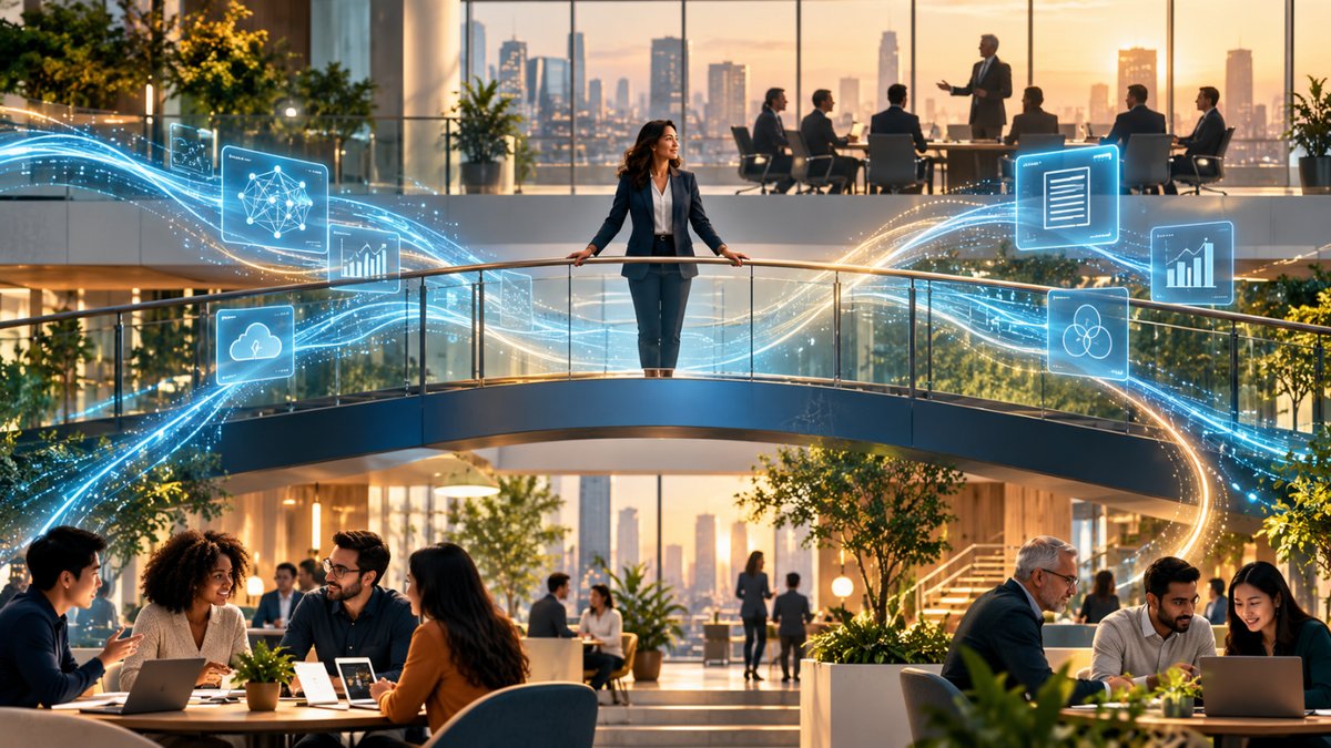 A manager standing on a bridge that connects strategy, people and AI in a modern office